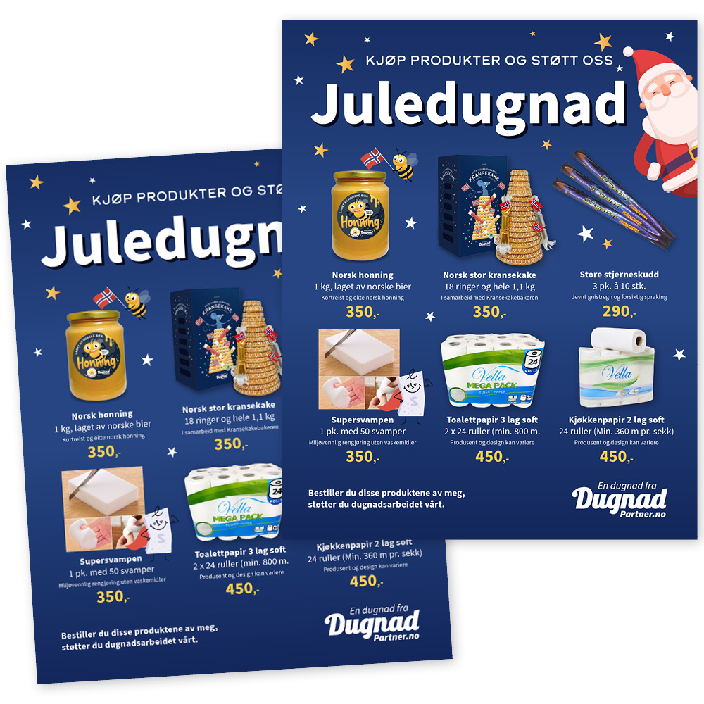 Visning av to salgsplakater for juledugnaden til Dugnadpartner