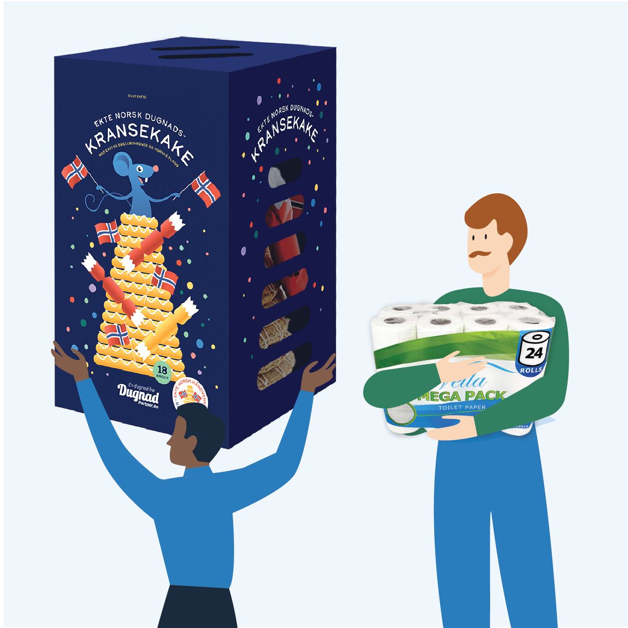 Illustrasjosnbilde til vårdugnaden til Dugnadpartner. To personer bærer to produkter.